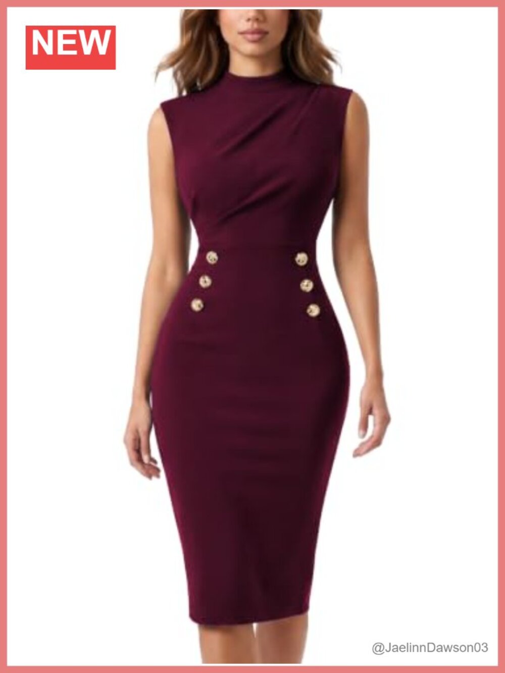 Sleeveless Slim Business Work Pencil Dress Mock Neck Ruched Knee Length